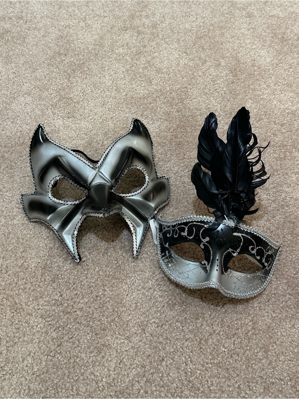 Black & Silver Masquerade Masks Set of 2 Feather Venetian Costume Masks